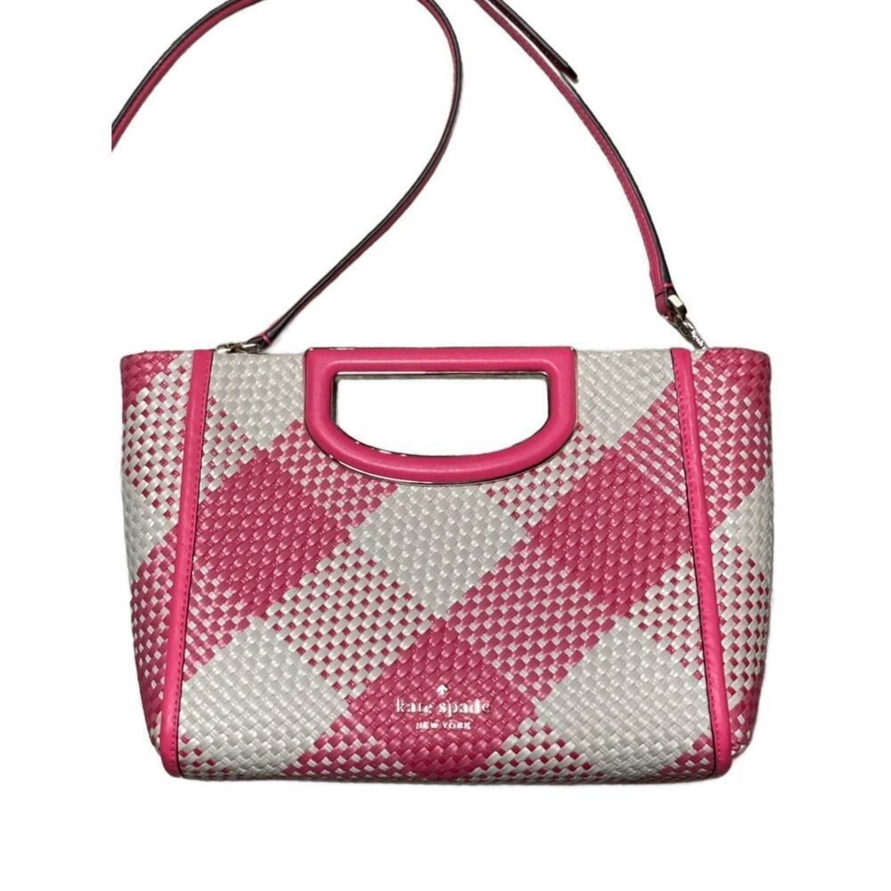 Kate Spade NY Alexia Pink & White Gingham Woven Convertible Crossbody Clutch Bag